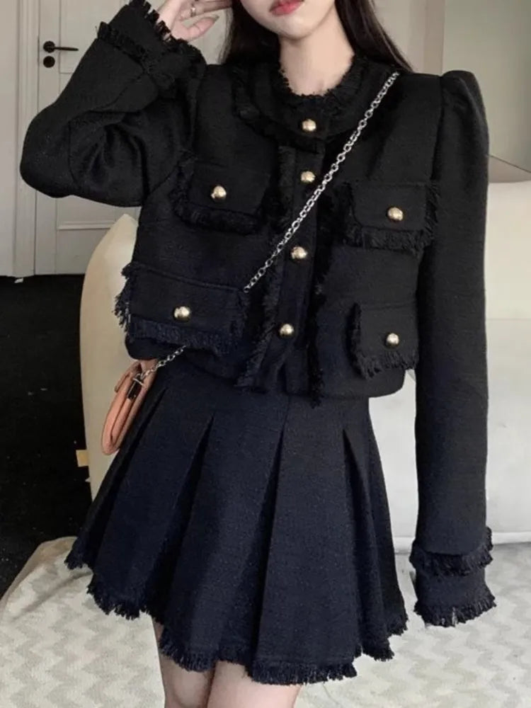 Korean Tweed Skirts Suit Jackets Coat Mini Pleated Skirts Two Pieces Set Female Clothes Outfits