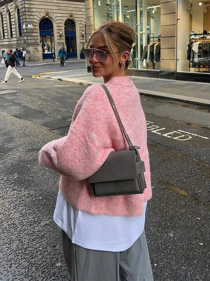 Oversize Pink Cashmere Base Sweater Long Sleeve Round Collar Pullover New Lady High