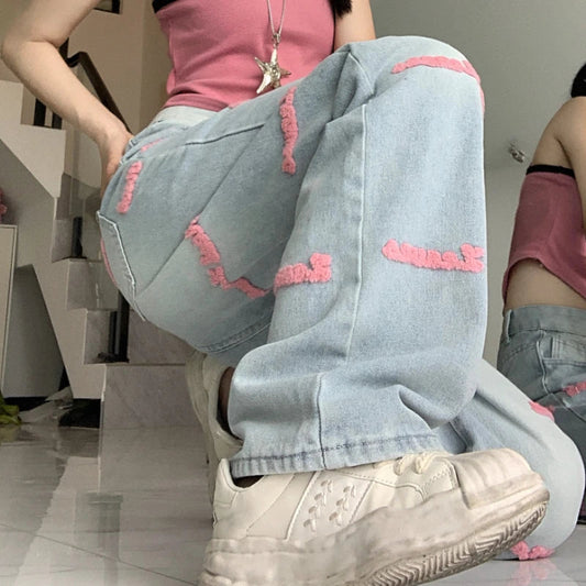 Letters Embroidery Loose Washed Jeans Summer New High Waist All Match Wide Leg Pants
