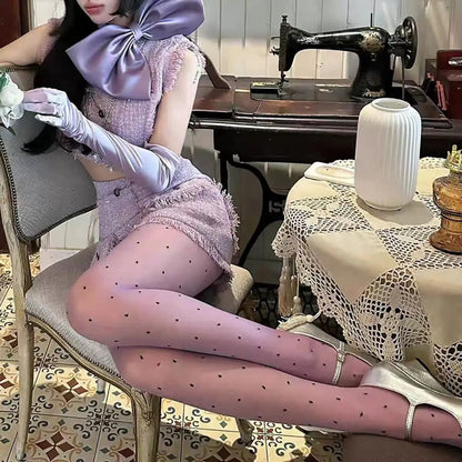 Purple Polka Dot Silk Socks Y2k Stockings Spring/summer Thin Thigh High Socks Transparency Black Tights Pantyhose