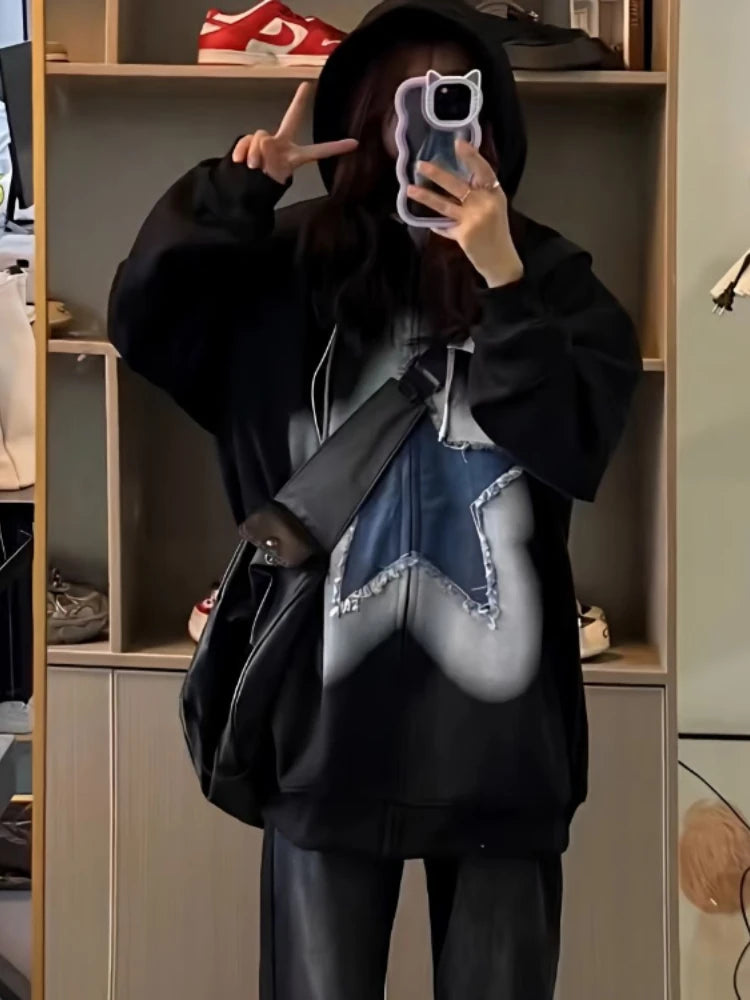 Y2k Zip Up Hoodie Sweet Star Graphics Sweatshirts Red Oversized Sport Coat Grunge Female Harajuku Clothes