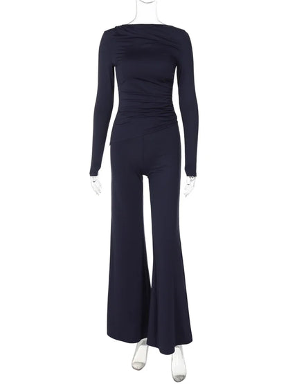 Autumn 2 Piece-set Female Flared Pants Slim Pleated Long Sleeve Outfits ’s Pants Sets