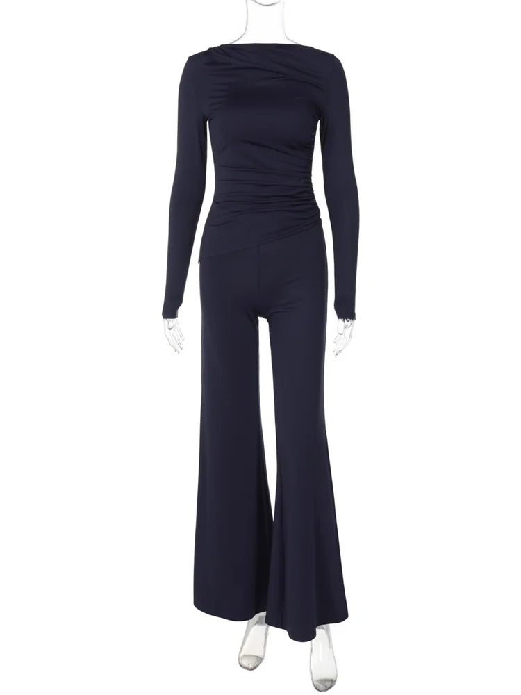 Autumn 2 Piece-set Female Flared Pants Slim Pleated Long Sleeve Outfits ’s Pants Sets