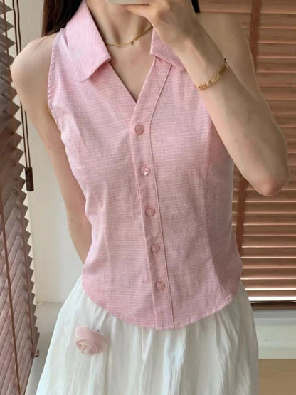 Sleeveless Halter Polo Shirts Summer Y2k Pink Button Up Blouse Female Slim Office Lady Clothes
