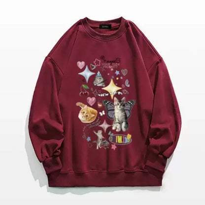 Kawaii Cat Print Hoodie Cutecore Long Sleeve Sweatshirt American Retro Egirl Kitten Angel Graphic Alt Clothes Y2k