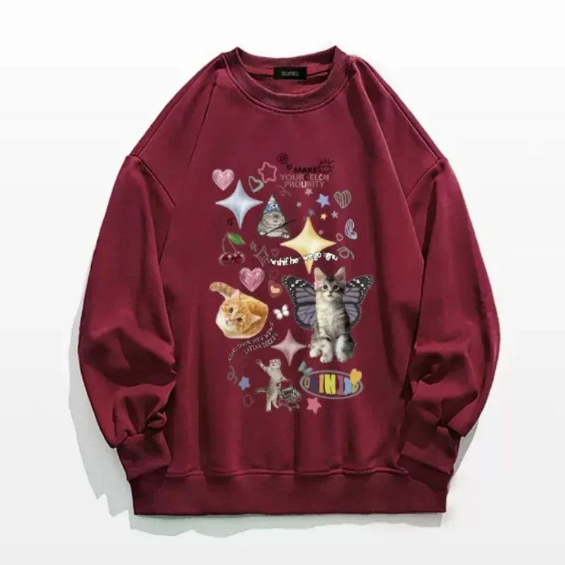 Kawaii Cat Print Hoodie Cutecore Long Sleeve Sweatshirt American Retro Egirl Kitten Angel Graphic Alt Clothes Y2k