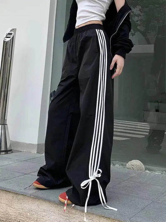 Sports Stripe Baggy Pants Y2k Cutecore Bow Straight Wide Leg Sweatpants Korean Causal Joggers