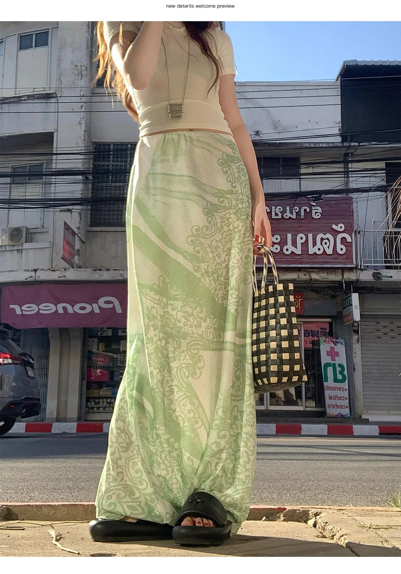 American Print Green Aline Skirt Summer New High Waist All Match Patchwork Midlength Skirt