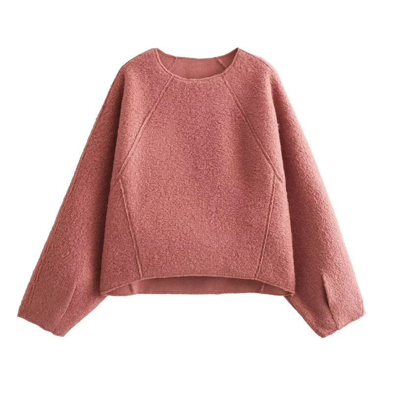 Simple Cropped Woolen Sweatshirt Woman Oneck Long Sleeve Loose Pull Hoodie Female Sweatshirts Top