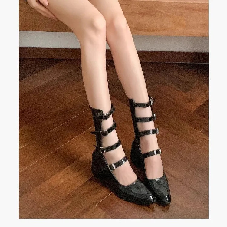 Leather Version Spicy Girl French Mary Jane Shoes Pointed Toe Thick Heel Boots Short Boots New Shoes