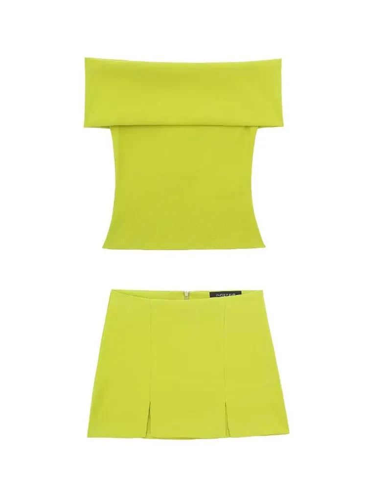 Summer 2 Piece Set Off Shoulder Cropped Tops Sleeveless Slim Top Mid Waist Mini Slit Skirts