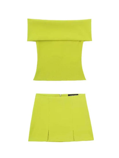Summer 2 Piece Set Off Shoulder Cropped Tops Sleeveless Slim Top Mid Waist Mini Slit Skirts