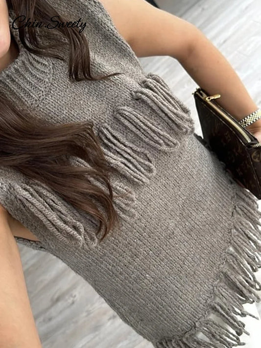 Street Tassel Knitted Vest Sweater for Half-high Collar Sleeveless Slim Fit Tank Top Female Spring Lady Soft Outwear