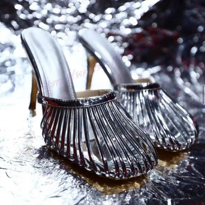 Silver Round Toe Slippers Cut Heels Patent Leather Shoes for Thin High Heels Party Shoes Zapatos Para Mujere