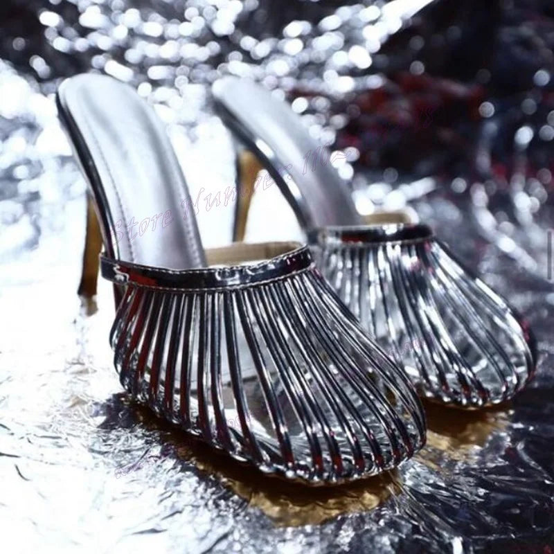 Silver Round Toe Slippers Cut Heels Patent Leather Shoes for Thin High Heels Party Shoes Zapatos Para Mujere