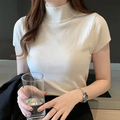 Tops and Blouses Summer Short Sleeve Blouse Blusas Mujer De Moda Turtleneck Knitted Blouse Shirt Tops