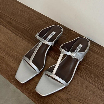 Summer Slipper Square Heels Sandals Square Toe Party Wedding Shoes Slip on Beach Slides Mujer