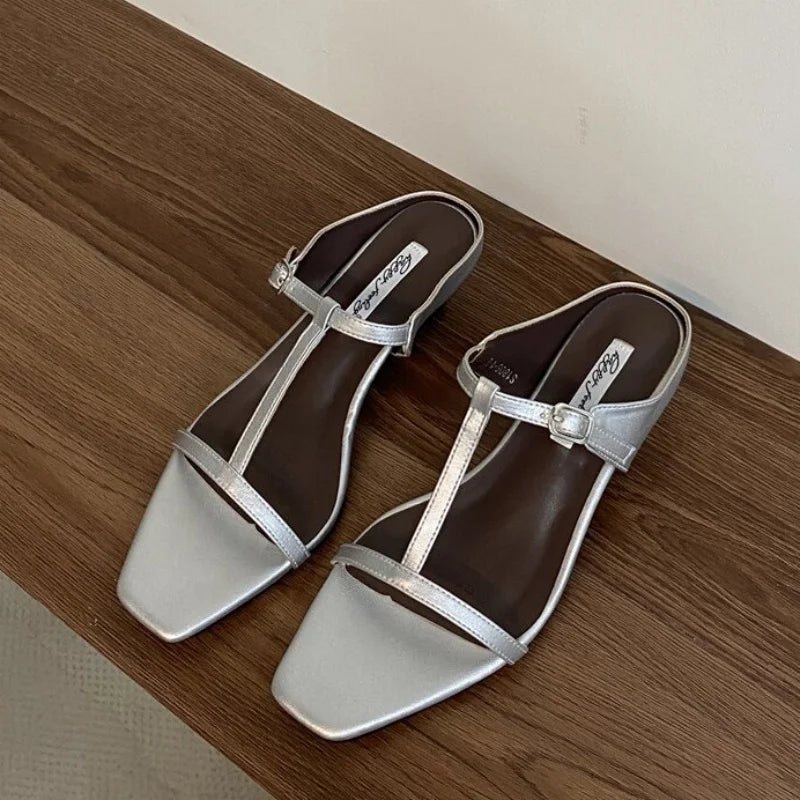 Summer Slipper Square Heels Sandals Square Toe Party Wedding Shoes Slip on Beach Slides Mujer