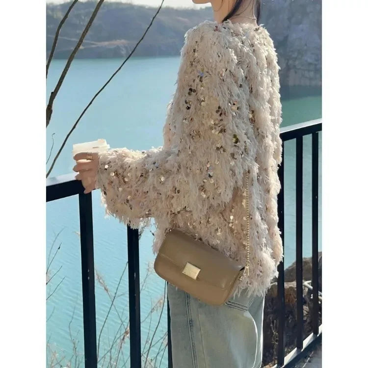 Korean Sequin Tassel Sweaters Mujer Autumn New Oneck Plush Knitted Pullover Y2k Egirl Long Sleeve Tops