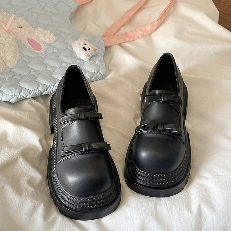 Loafers Shoes Slipon Bowknot Clogs Platform Black Flats Oxfords Slip on on Heels New Summer Butterfly Creepers Leather