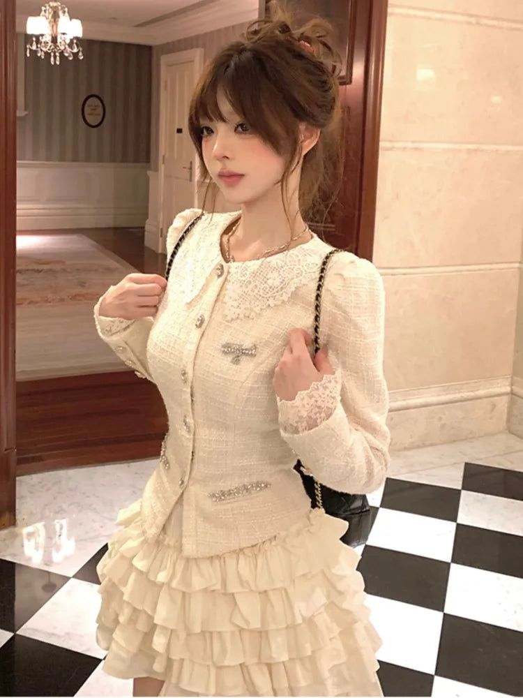 French 2-piece Set Tweed Lace Patchwork Single Breasted Coat Ruffles Cake Mini Skirt Korean Autumn Outfits New