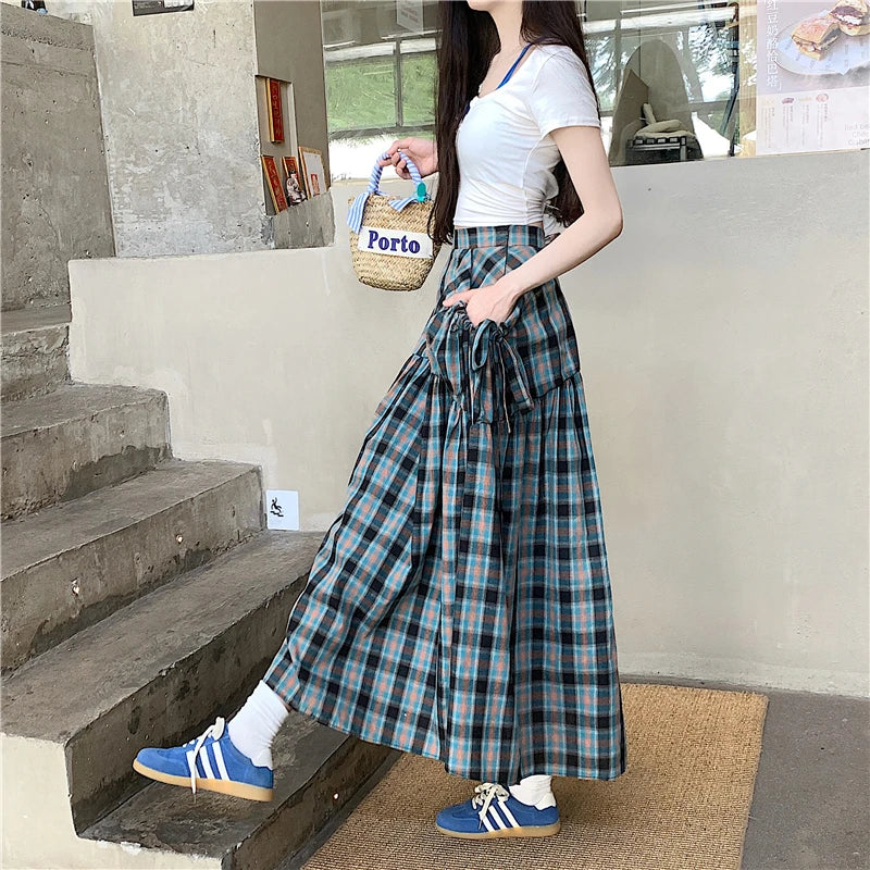 American Long Skirts for Arrival Plaid Lace Up High Waist Color Patchwork Pleated Skirts Skirt
