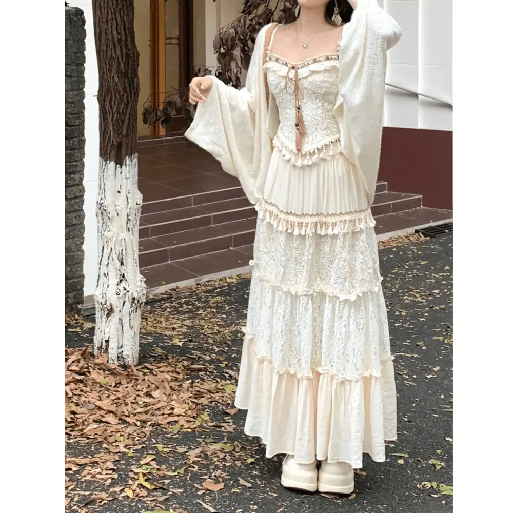 Travel Outfits Vacation Style Three Piece Set for Autumn New Gentle Tank Top+long Skirt+cardigan