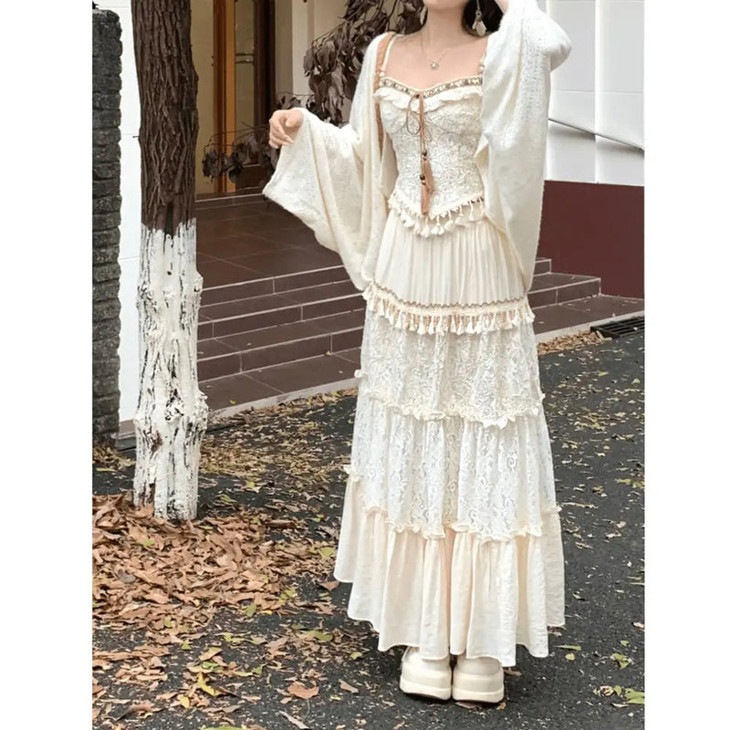 Travel Outfits Vacation Style Three Piece Set for Autumn New Gentle Tank Top+long Skirt+cardigan