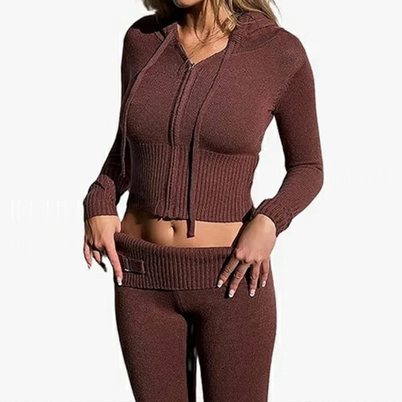 New Slim Knitted Two Piece Sets Zipper Short Coat + Long Pants Suits Gentle High Street Outfits