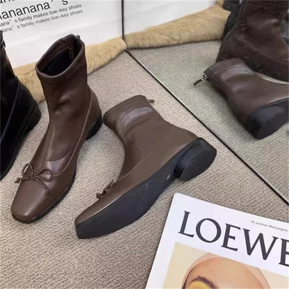 Brown Bow Back Zipper Ankle Boots Point Flat Head Square Heel Autumn Winter Shoes Sewing Thread Boot for Woman