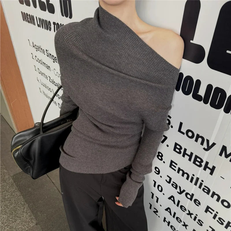 Korean Retro Strapless Asymmetric Longsleeved Sweater Spring New Slant Collar Pleated Slim Knitted Tops