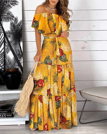Print Off Shoulder Long Dresses Summer Ruffles One-piece Collar Leace-up Maxi Dress Female Commuting Vestidos New