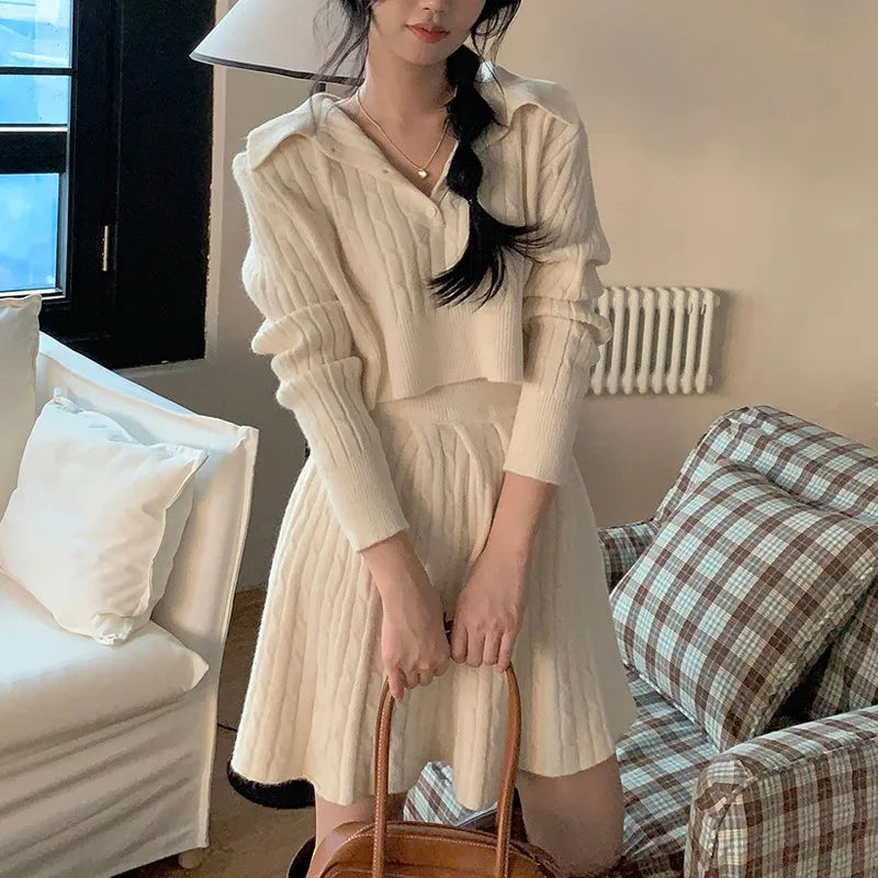 Korean Two-piece Set Pullover Turn-down Collar Crop Top Mini Skirt Suit Autumn New Knitwear Outfits