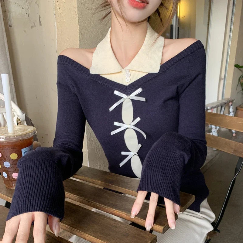 Korean Contrast Color Bow Patchwork Longsleeved Sweater Autumn New Strapless Slim Knitted Tops