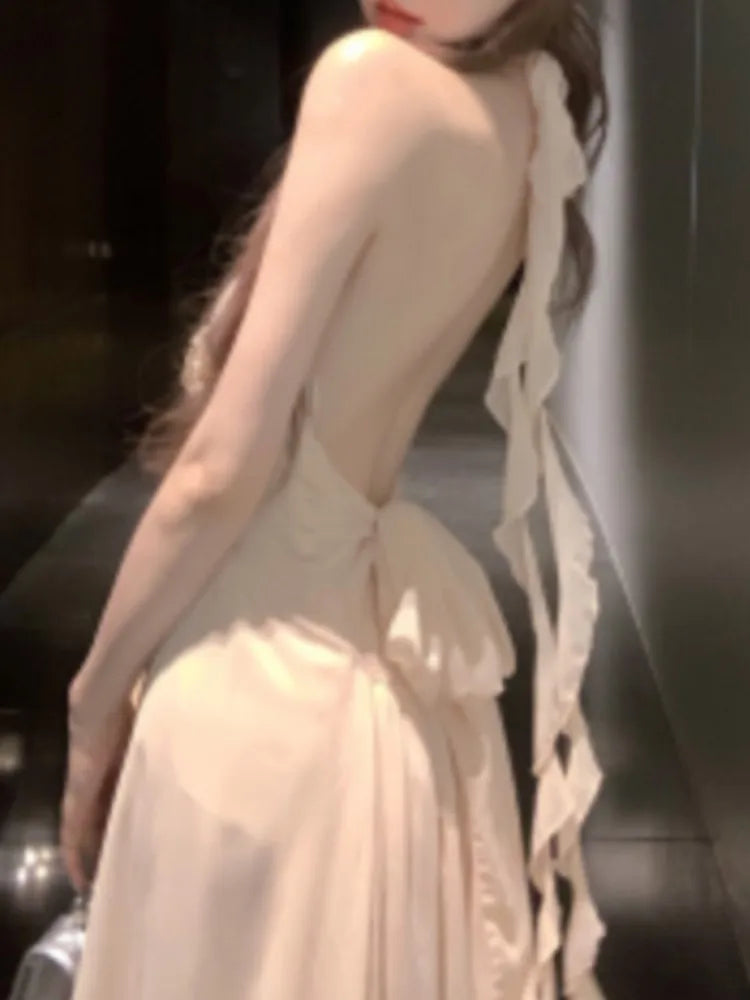 Neackmounted Backless Long Dresses Beach Gentle Fairycore Flower Design Sense Aline Vneck Off Shoulder Backless Dress