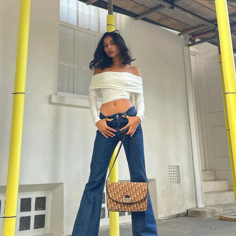 Off Shoulder T-shirt Spring Long Sleeve Slim Fit Crop Top Y2k Harajuku White Tees Female Clothes
