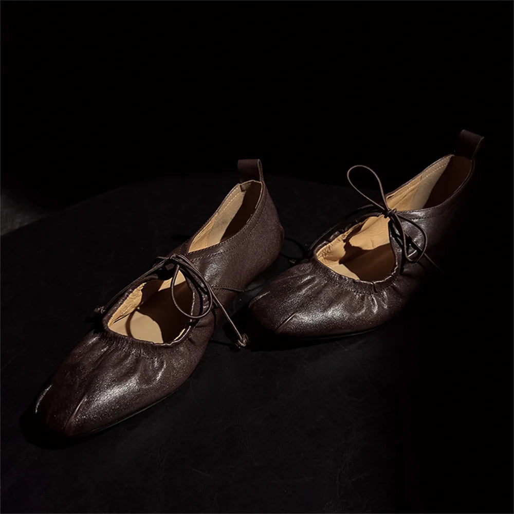Retro Genuine Leather Pumps Low Round Heels Party Shoes Woman Round Toe Lace Up Pumps