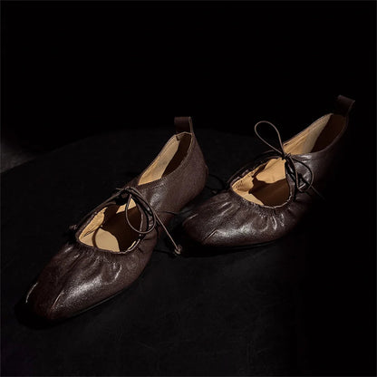 Retro Genuine Leather Pumps Low Round Heels Party Shoes Woman Round Toe Lace Up Pumps
