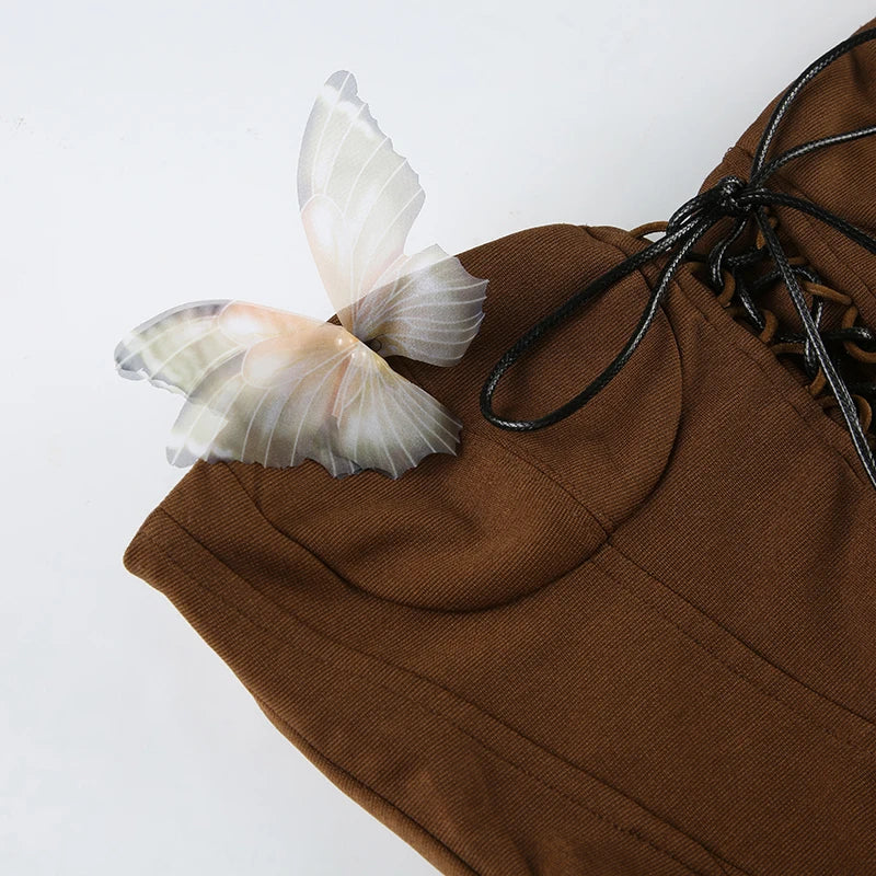 Butterfly Detail Strapless Long Dress Aesthetic Detachable Corset Top Maxi Dresses