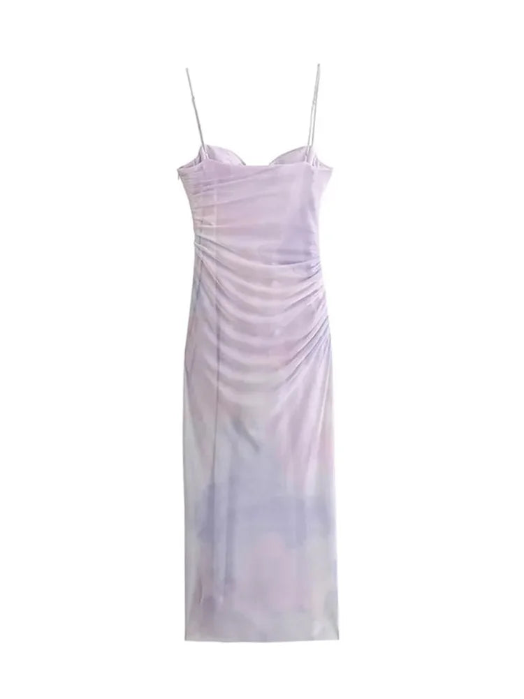 Summer Long Dresses Woman Purple Tulle Tie Dye Sleeveless Backless Ruched Female Slim Midi Party Dress