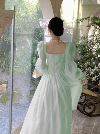Autumn New Princess Midi Dresses for Square Collar Slim Waist Puff Sleeve Female Clothing One Piece Vestido