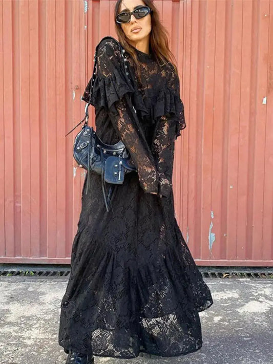Lace Hollow Out A-lined Long Dresses Loose Perspective O-neck Black Dress Female Party Street