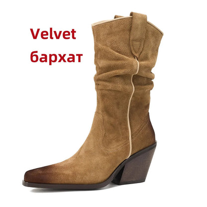 New High Heel Leather Shoes Knight Boot Western Cowboy Boots Pointed Toe Thick Soled Short Boot