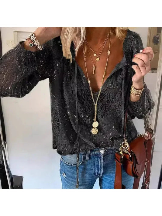 Button Lace-up Long Sleeve Blouse