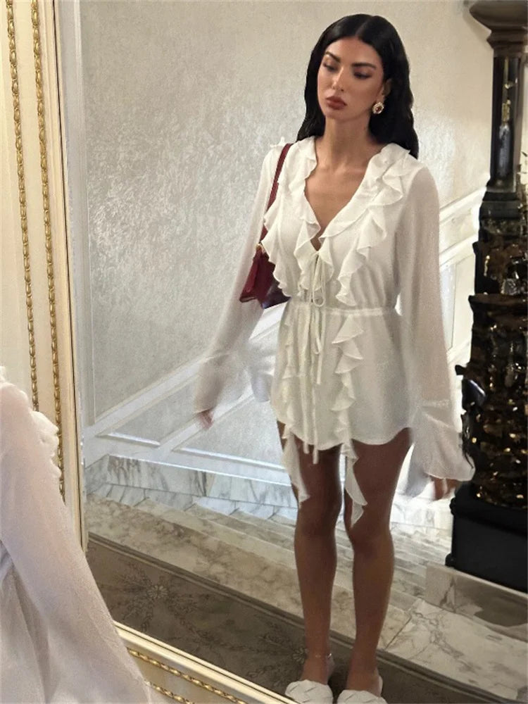 White Ruffled Mini Dress Lace-up See-through Long Sleeve V-neck Party Dress Female Bandage Mini Dress