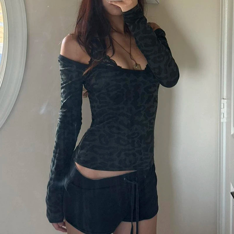 Animal Patterns Lace Strappy T-shirt Off Shoulder Fitted Cropped Top Y2k Long Sleeve Tee Street Outfits