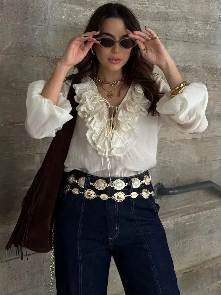 V-neck Lantern Long Sleeve Blouse