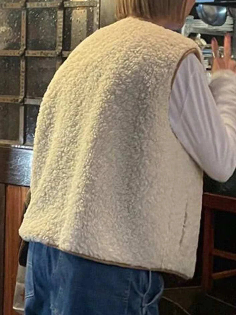 Winter New Fleece Vest Jacket Round Neck Lace-up Sleeveless Jackets Simple Waistcoat Outerwear