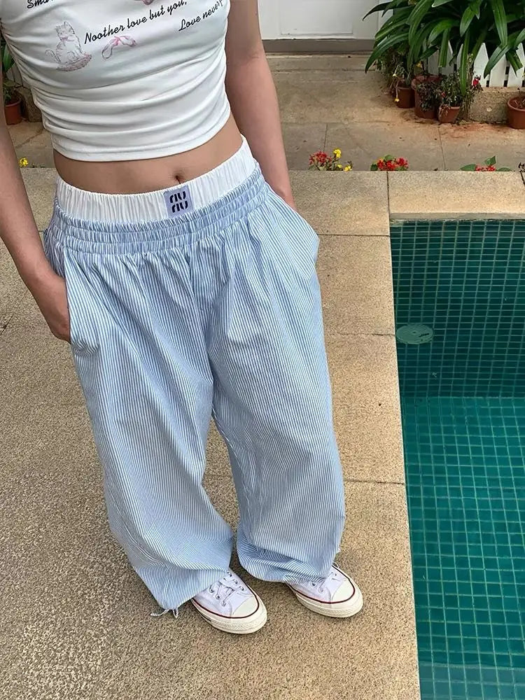 Summer Striped Pants Wide Leg Pants Harajuku Patchwork Fake Two Pieces Trousers Korean