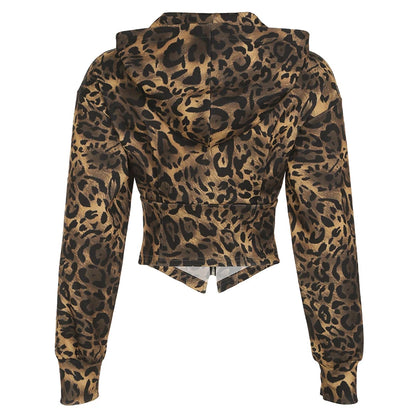 Autumn New Zip Up Hooded ��s Sweats Long Sleeve Binding Waist Leopard Hoodies Gyaru Baddie Y2k